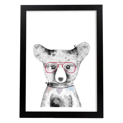 Lámina infantil Oso bebe con gafas rojas Poster animales infantiles-Artwork-Nacnic-A4-Marco Negro-Nacnic Estudio SL