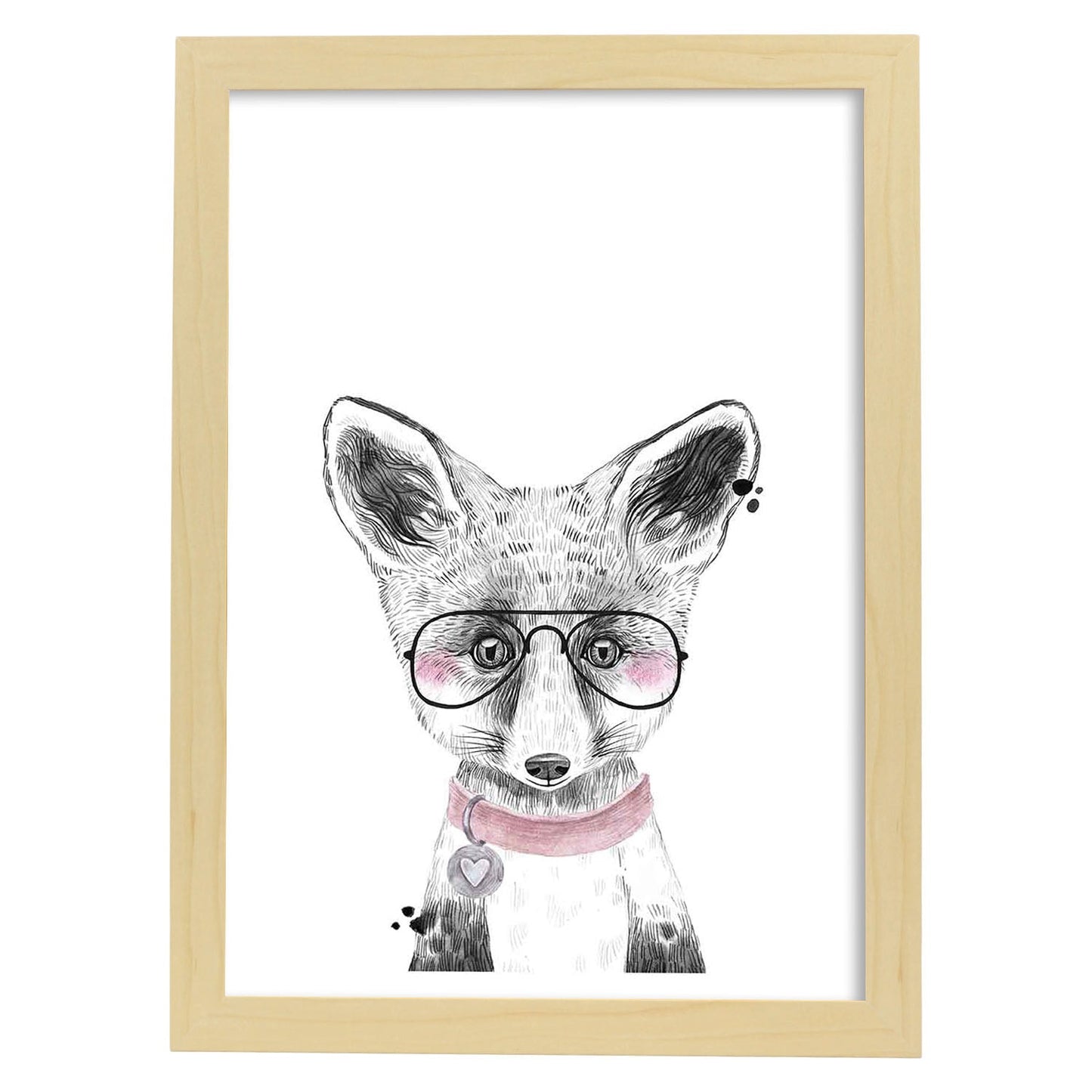 Lámina infantil Oso bebe con gafas y collar Poster animales infantiles-Artwork-Nacnic-A3-Marco Madera clara-Nacnic Estudio SL
