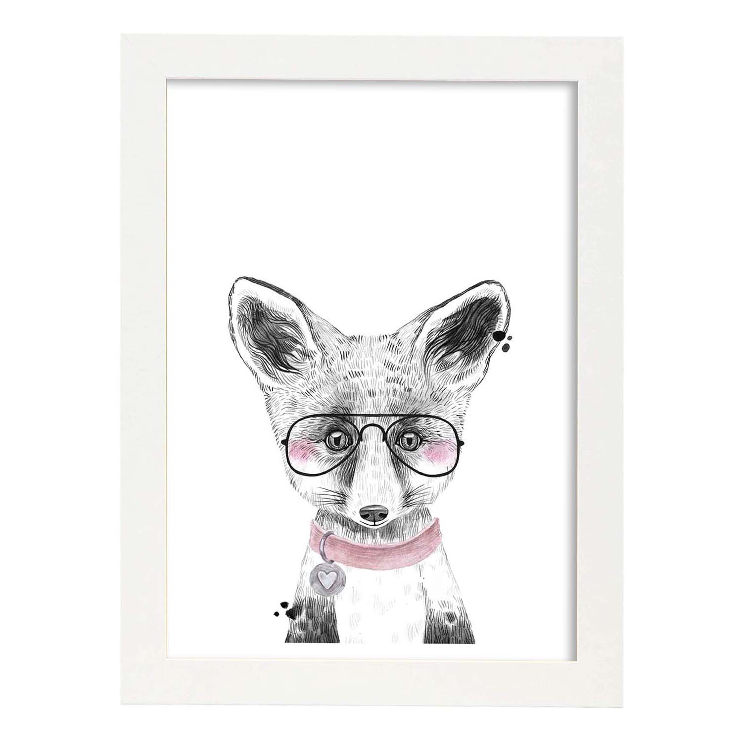 Lámina infantil Oso bebe con gafas y collar Poster animales infantiles-Artwork-Nacnic-A4-Marco Blanco-Nacnic Estudio SL
