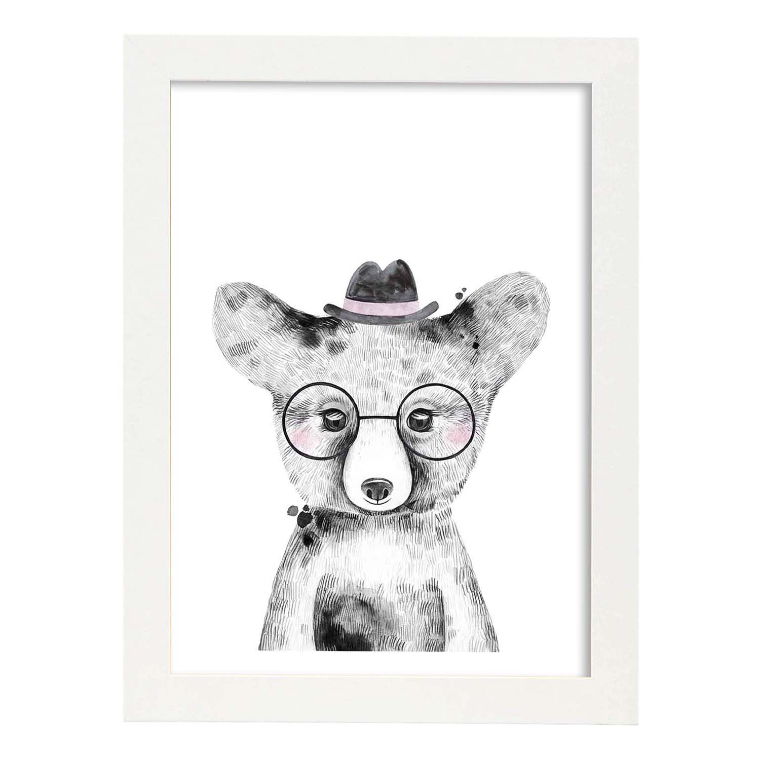 Lámina infantil Oso bebe con gafas y sombrero Poster animales infantiles-Artwork-Nacnic-A3-Marco Blanco-Nacnic Estudio SL