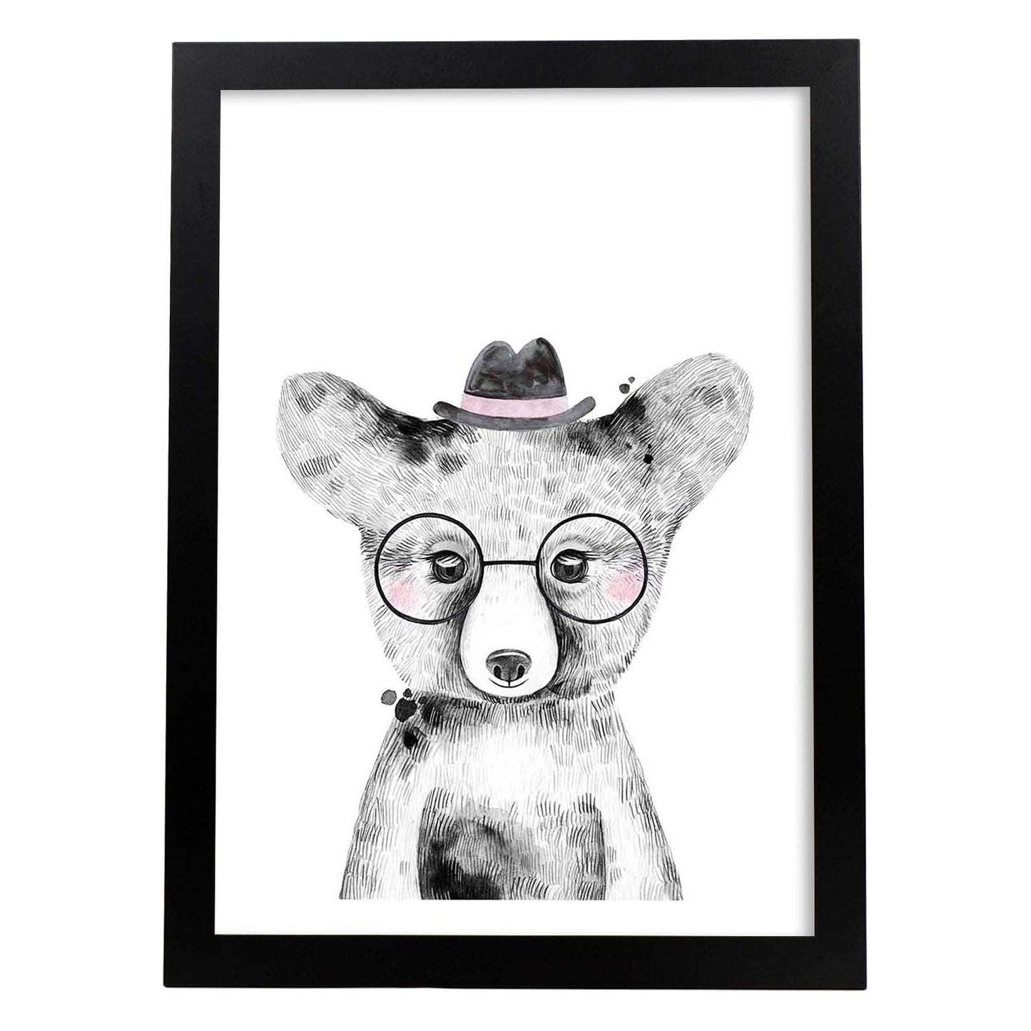 Lámina infantil Oso bebe con gafas y sombrero Poster animales infantiles-Artwork-Nacnic-A3-Marco Negro-Nacnic Estudio SL