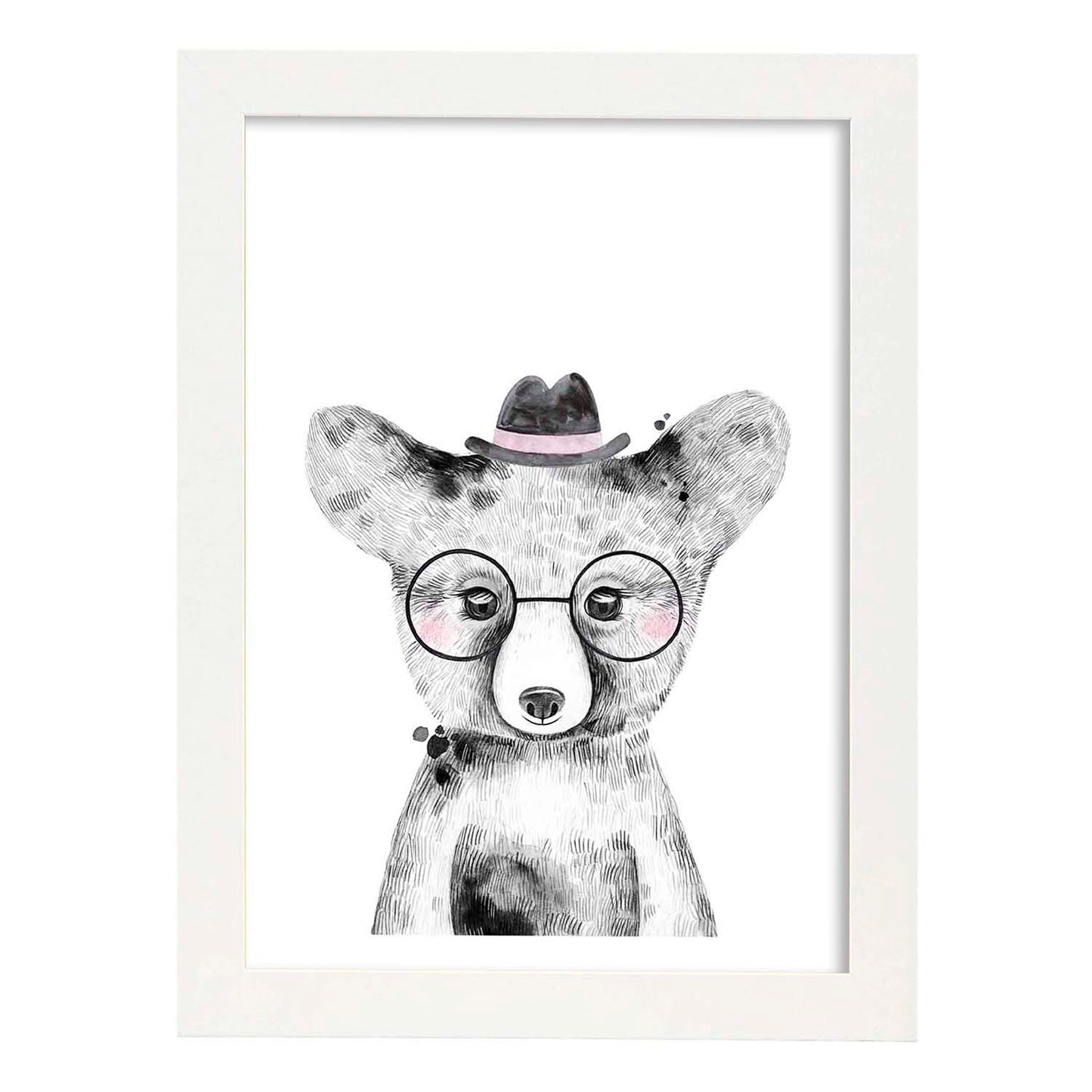 Lámina infantil Oso bebe con gafas y sombrero Poster animales infantiles-Artwork-Nacnic-A4-Marco Blanco-Nacnic Estudio SL