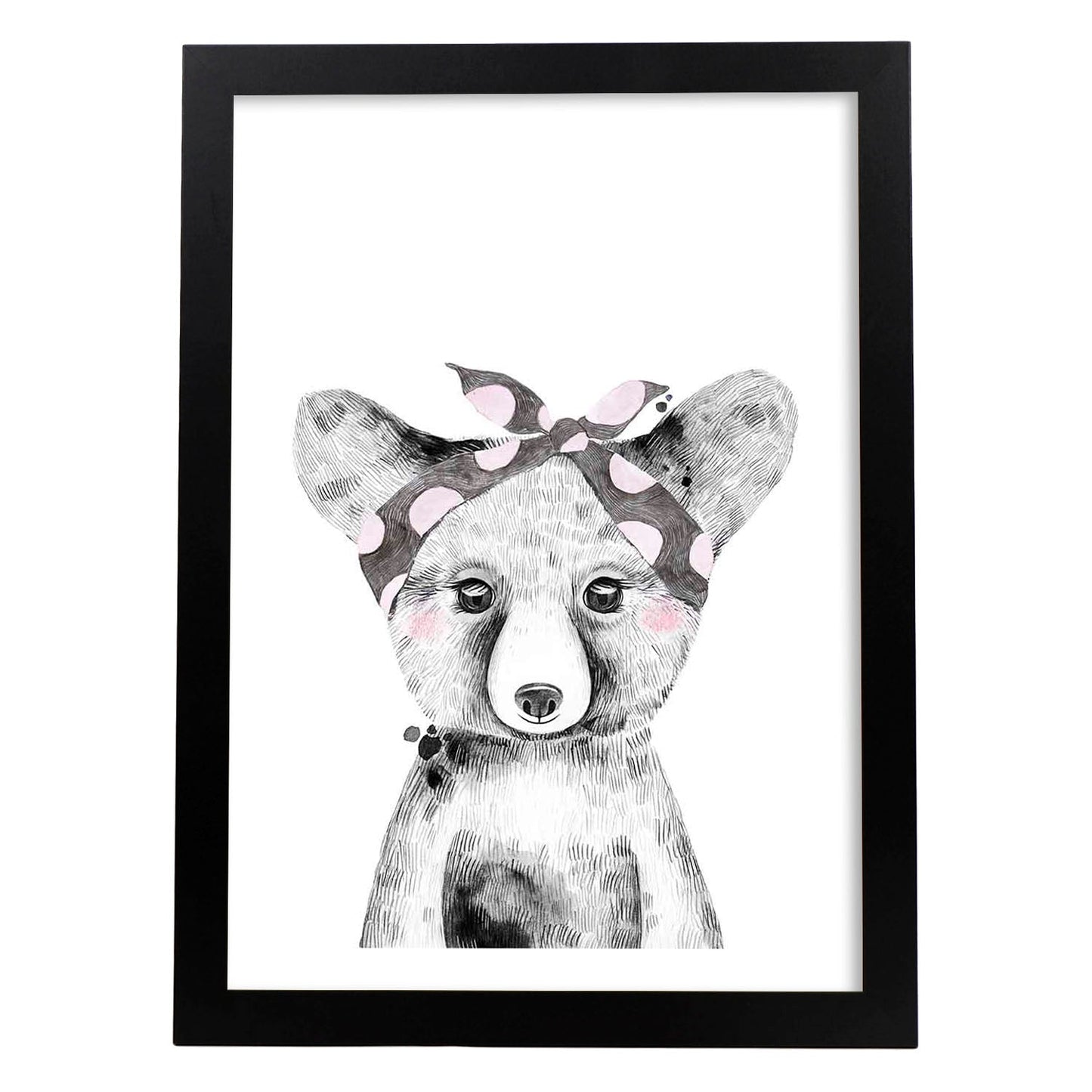 Lámina infantil Oso bebe con panuelo gris y rosa Poster animales infantiles-Artwork-Nacnic-A3-Marco Negro-Nacnic Estudio SL