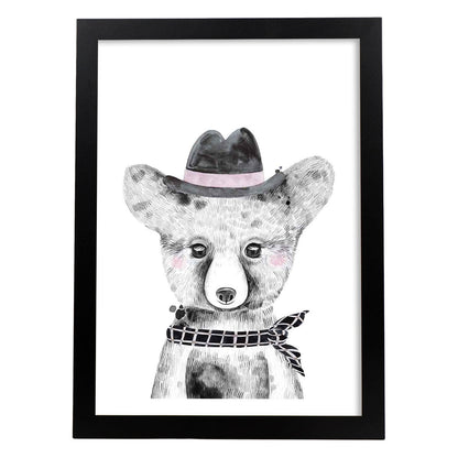 Lámina infantil Oso bebe con sombrero y pañuelo Poster animales infantiles-Artwork-Nacnic-A4-Marco Negro-Nacnic Estudio SL