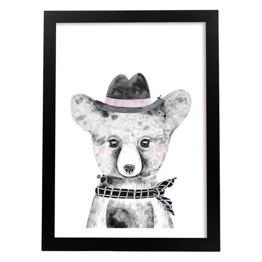 Lámina infantil Oso bebe con sombrero y pañuelo Poster animales infantiles-Artwork-Nacnic-A4-Marco Negro-Nacnic Estudio SL