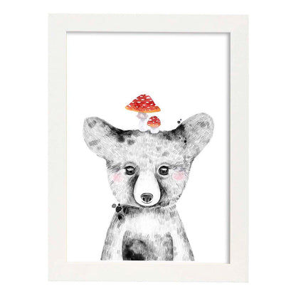 Lámina infantil Oso bebe con sus amigas setas Poster animales infantiles-Artwork-Nacnic-A4-Marco Blanco-Nacnic Estudio SL