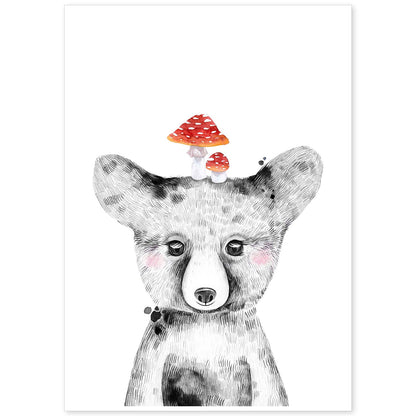 Lámina infantil Oso bebe con sus amigas setas Poster animales infantiles-Artwork-Nacnic-A4-Sin marco-Nacnic Estudio SL