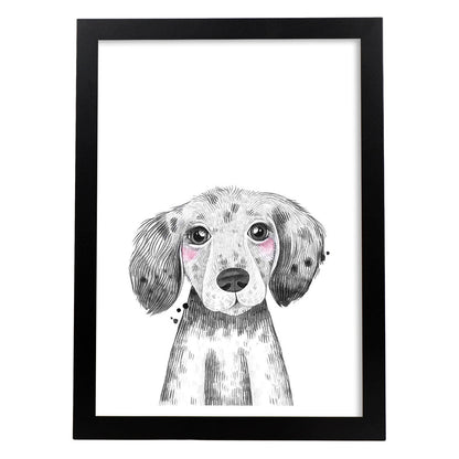 Lámina infantil Perro bebe blanco y negro Poster animales infantiles-Artwork-Nacnic-A4-Marco Negro-Nacnic Estudio SL