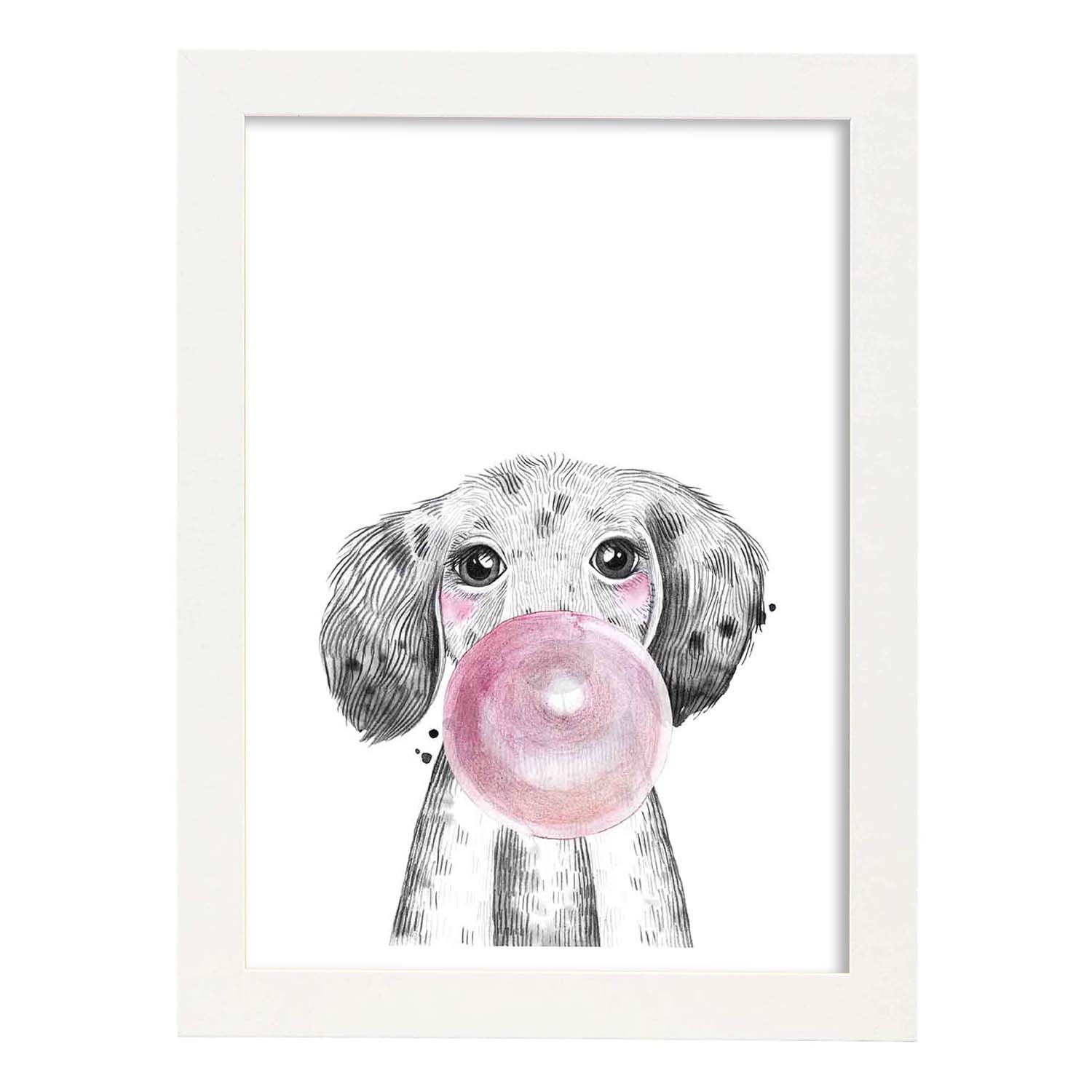 Lámina infantil Perro bebe con chicle rosa poster animales infantiles-Artwork-Nacnic-A3-Marco Blanco-Nacnic Estudio SL