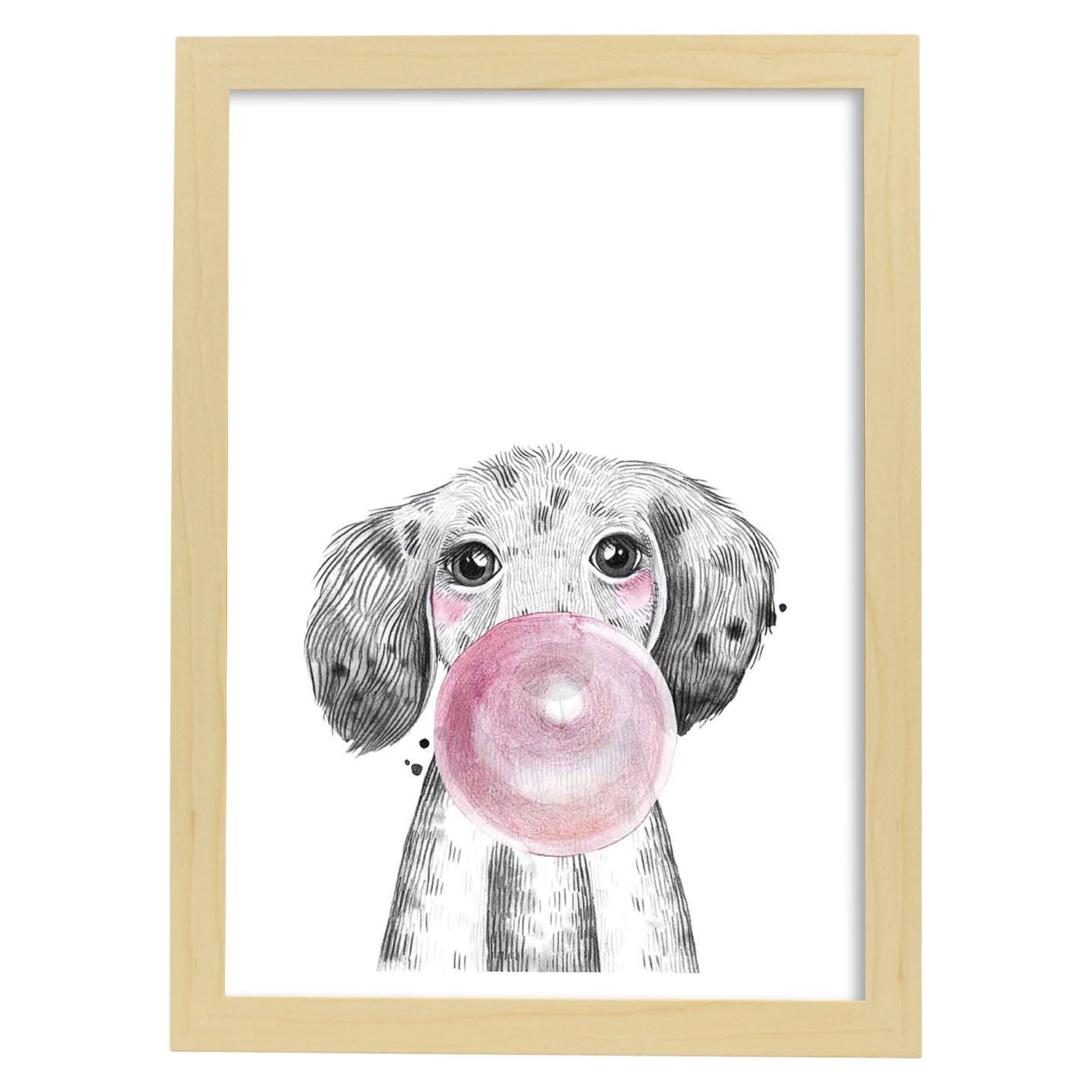 Lámina infantil Perro bebe con chicle rosa poster animales infantiles-Artwork-Nacnic-A3-Marco Madera clara-Nacnic Estudio SL