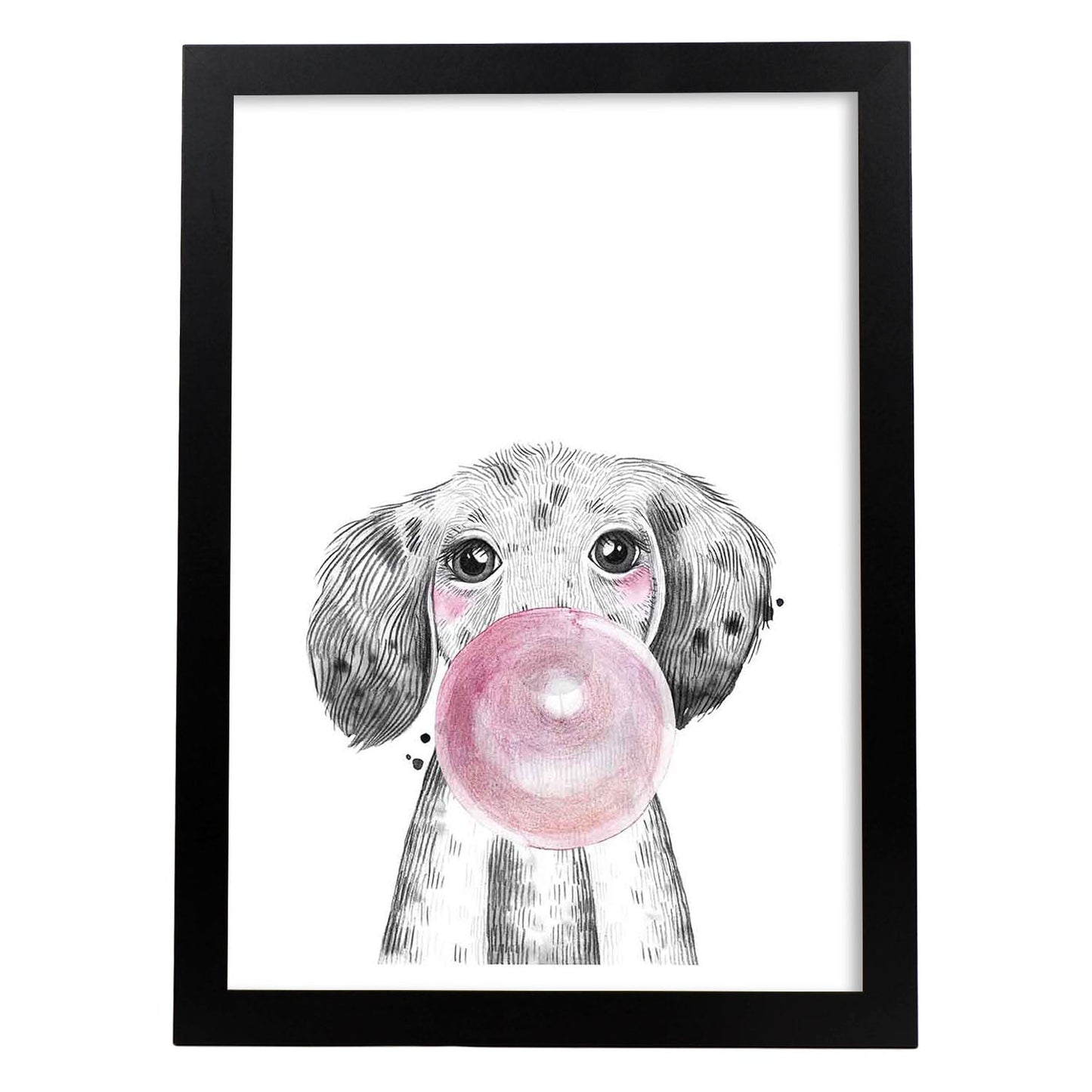 Lámina infantil Perro bebe con chicle rosa poster animales infantiles-Artwork-Nacnic-A3-Marco Negro-Nacnic Estudio SL