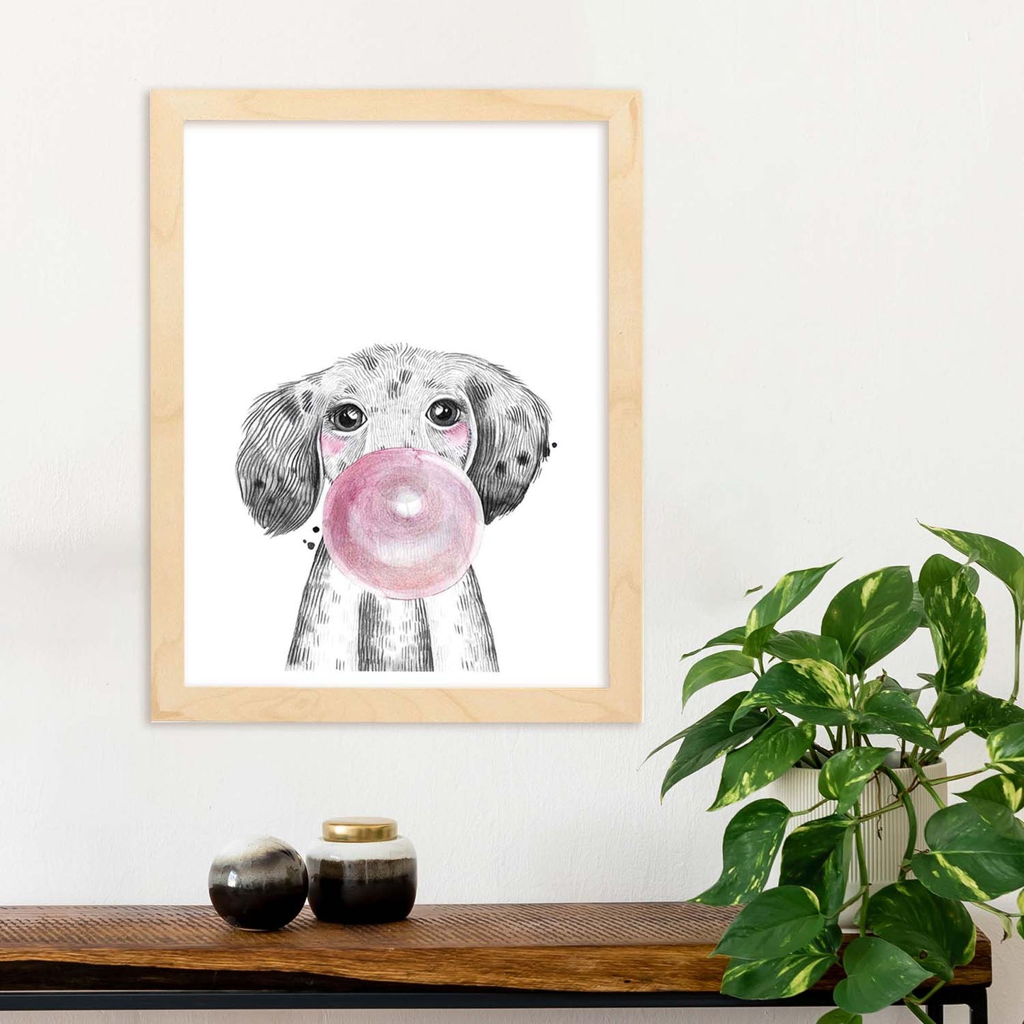 Lámina infantil Perro bebe con chicle rosa poster animales infantiles-Artwork-Nacnic-Nacnic Estudio SL