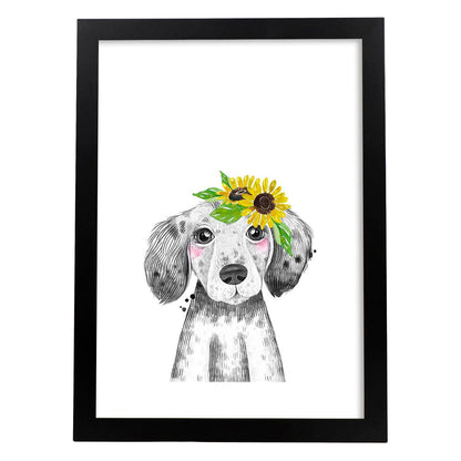 Lámina infantil Perro bebe con flores en la cabeza Poster animales infantiles-Artwork-Nacnic-A4-Marco Negro-Nacnic Estudio SL