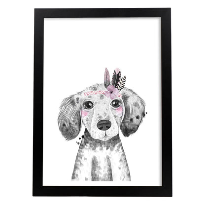 Lámina infantil Perro bebe con flores y plumas poster animales infantiles-Artwork-Nacnic-A4-Marco Negro-Nacnic Estudio SL