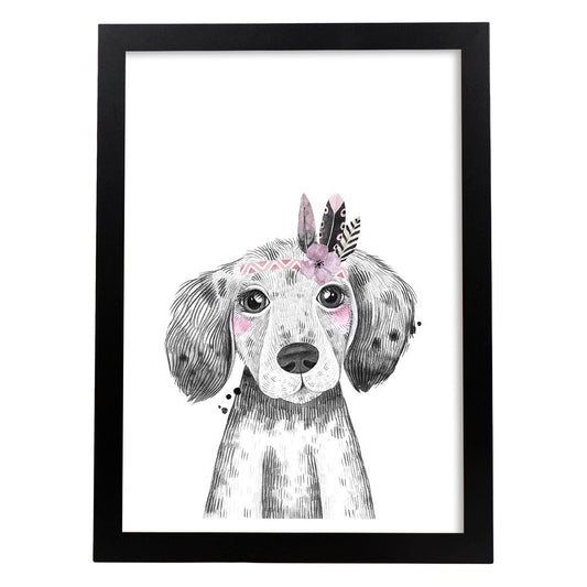 Lámina infantil Perro bebe con flores y plumas poster animales infantiles-Artwork-Nacnic-A4-Marco Negro-Nacnic Estudio SL