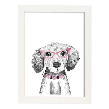 Lámina infantil Perro bebe con gafas y flores poster animales infantiles-Artwork-Nacnic-A4-Marco Blanco-Nacnic Estudio SL