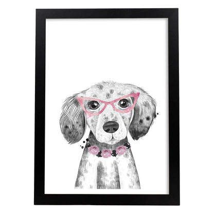 Lámina infantil Perro bebe con gafas y flores poster animales infantiles-Artwork-Nacnic-A4-Marco Negro-Nacnic Estudio SL