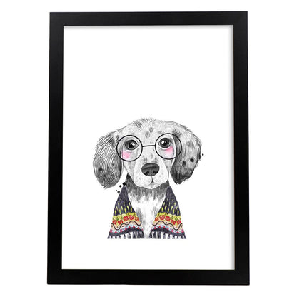 Lámina infantil Perro bebe con gafas y pañuelo Poster animales infantiles-Artwork-Nacnic-A4-Marco Negro-Nacnic Estudio SL