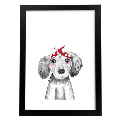 Lámina infantil Perro bebe con pañuelo rojo en la cabeza Poster animales infantiles-Artwork-Nacnic-A4-Marco Negro-Nacnic Estudio SL