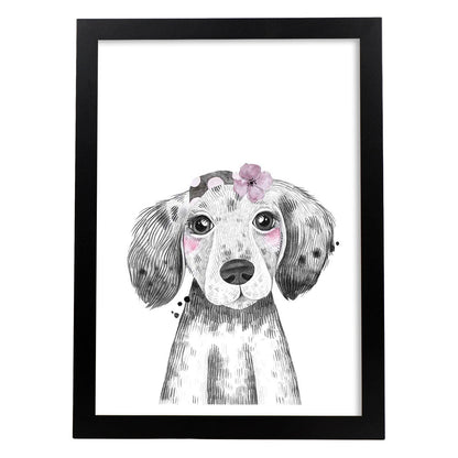 Lámina infantil Perro bebe con pañuelo y flor Poster animales infantiles-Artwork-Nacnic-A4-Marco Negro-Nacnic Estudio SL