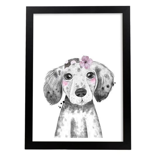 Lámina infantil Perro bebe con pañuelo y flor Poster animales infantiles-Artwork-Nacnic-A4-Marco Negro-Nacnic Estudio SL