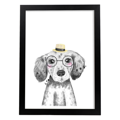 Lámina infantil Perro bebe con sombrero y gafas Poster animales infantiles-Artwork-Nacnic-A4-Marco Negro-Nacnic Estudio SL