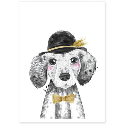 Lámina infantil Perro bebe con sombrero y pajarita poster animales infantiles-Artwork-Nacnic-A4-Sin marco-Nacnic Estudio SL