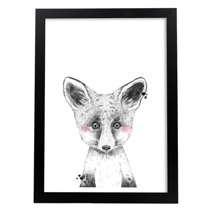 Lámina infantil Zorro infantil blanco y negro poster de animales infantiles-Artwork-Nacnic-A4-Marco Negro-Nacnic Estudio SL