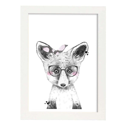 Lámina infantil Zorro infantil con gafas y pañuelo rosa poster animales infantiles-Artwork-Nacnic-A4-Marco Blanco-Nacnic Estudio SL