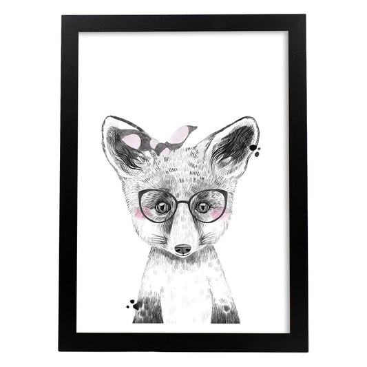 Lámina infantil Zorro infantil con gafas y pañuelo rosa poster animales infantiles-Artwork-Nacnic-A4-Marco Negro-Nacnic Estudio SL