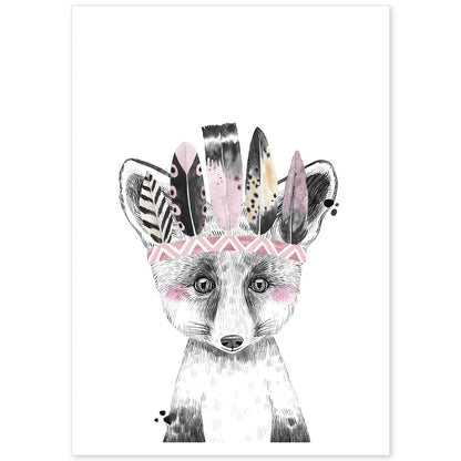 Lámina infantil Zorro infantil con plumas en la cabeza poster de animales infantiles-Artwork-Nacnic-A4-Sin marco-Nacnic Estudio SL