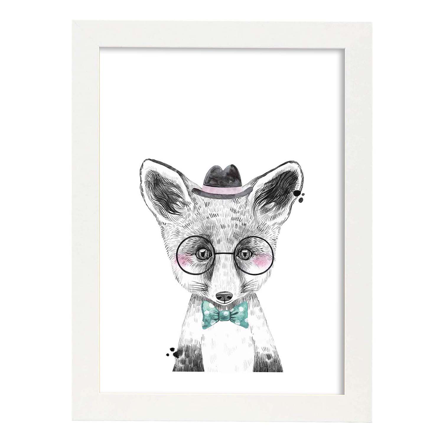 Lámina infantil Zorro infantil con sombrero gafas y pajarita poster animales infantiles-Artwork-Nacnic-A3-Marco Blanco-Nacnic Estudio SL