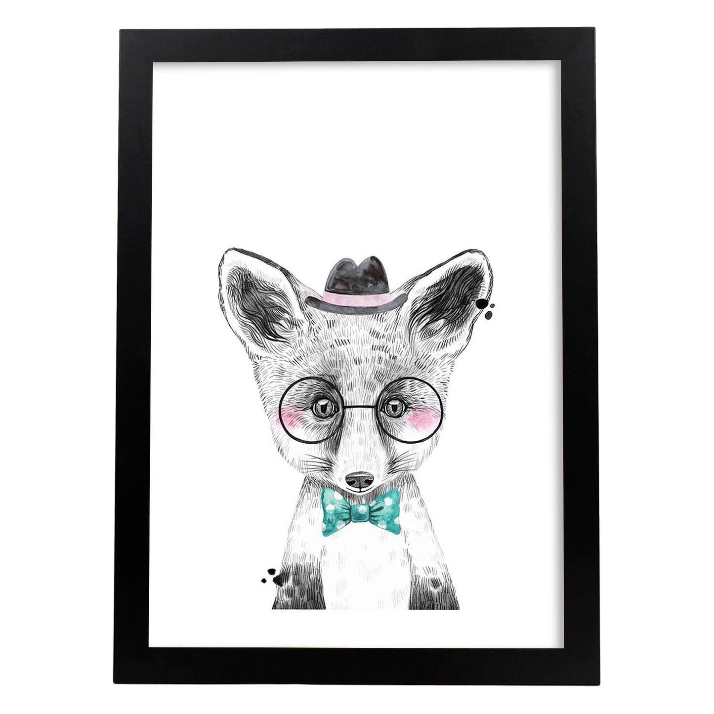 Lámina infantil Zorro infantil con sombrero gafas y pajarita poster animales infantiles-Artwork-Nacnic-A3-Marco Negro-Nacnic Estudio SL