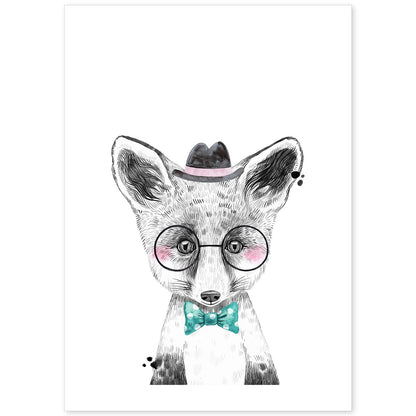 Lámina infantil Zorro infantil con sombrero gafas y pajarita poster animales infantiles-Artwork-Nacnic-A4-Sin marco-Nacnic Estudio SL