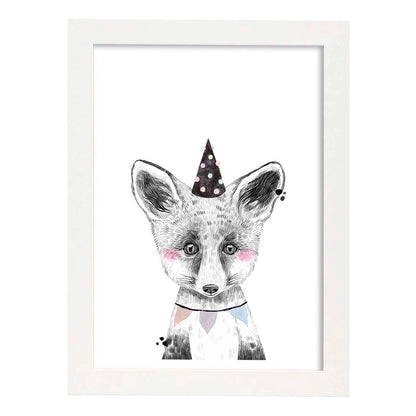 Lámina infantil Zorro infantil de fiesta poster animales infantiles-Artwork-Nacnic-A4-Marco Blanco-Nacnic Estudio SL