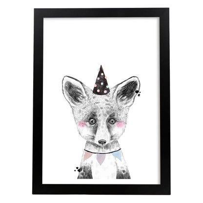 Lámina infantil Zorro infantil de fiesta poster animales infantiles-Artwork-Nacnic-A4-Marco Negro-Nacnic Estudio SL