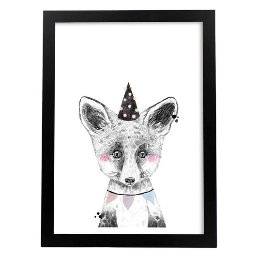 Lámina infantil Zorro infantil de fiesta poster animales infantiles-Artwork-Nacnic-A4-Marco Negro-Nacnic Estudio SL