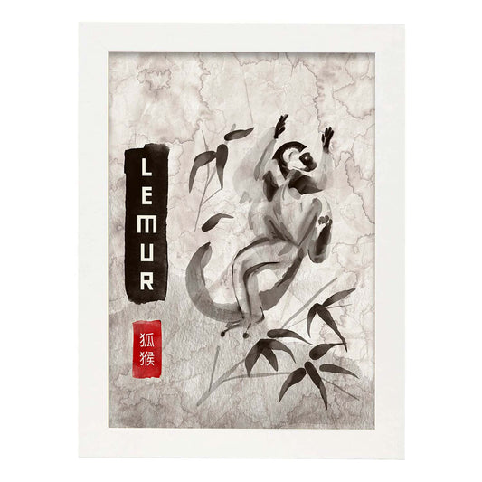 Lámina Lemur. Pósters en estilo Sumi-E. Imágenes vintage de animales en tonos grises.-Artwork-Nacnic-A4-Marco Blanco-Nacnic Estudio SL