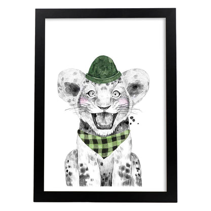 Lámina Leon infantil con gorro y bandana Poster animales infantiles-Artwork-Nacnic-A4-Marco Negro-Nacnic Estudio SL