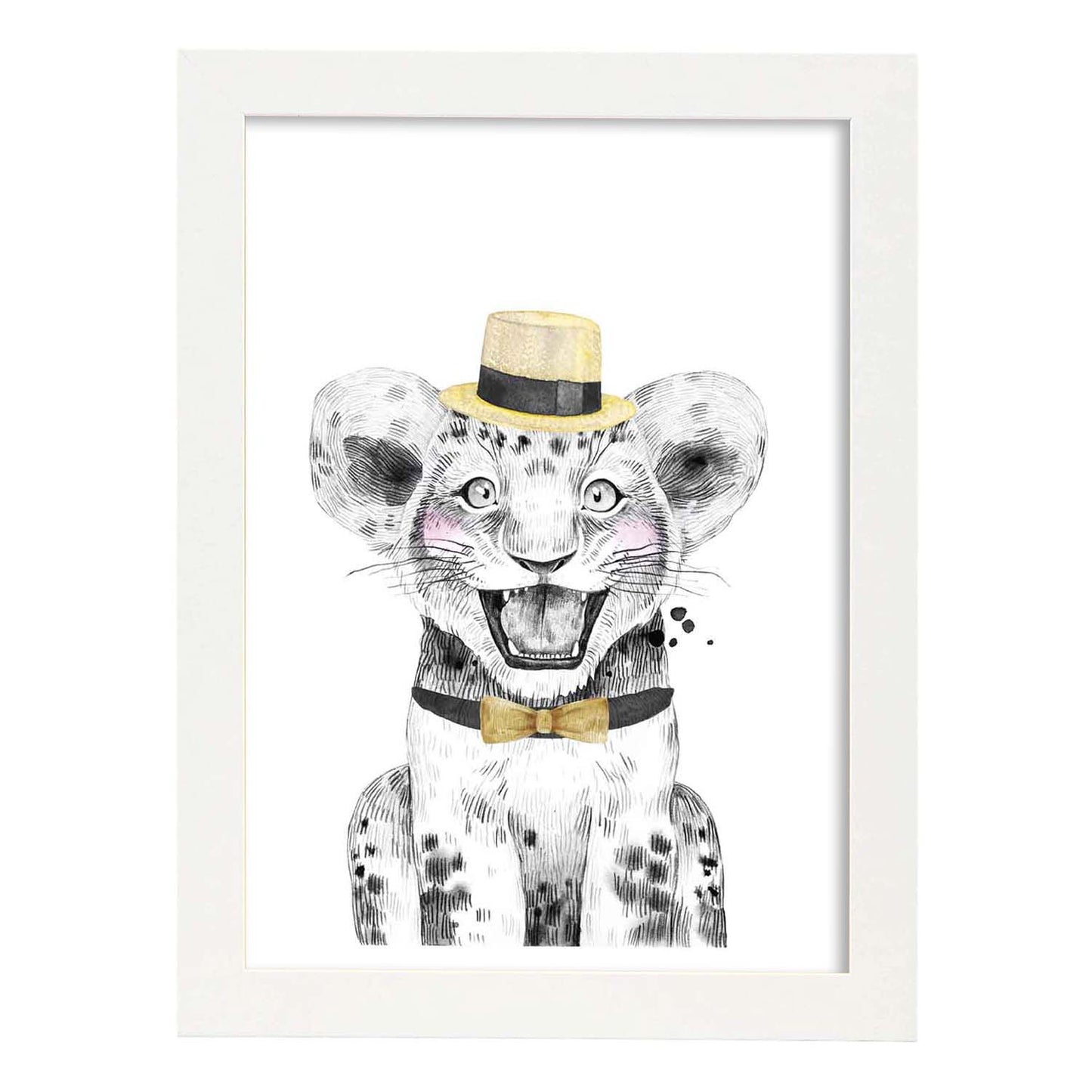 Lámina Leon infantil con sombrero y pajarita Poster animales infantiles-Artwork-Nacnic-A3-Marco Blanco-Nacnic Estudio SL