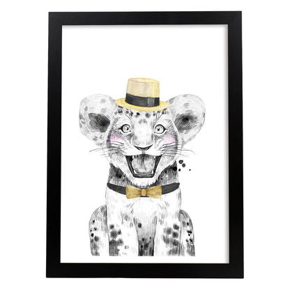 Lámina Leon infantil con sombrero y pajarita Poster animales infantiles-Artwork-Nacnic-A4-Marco Negro-Nacnic Estudio SL