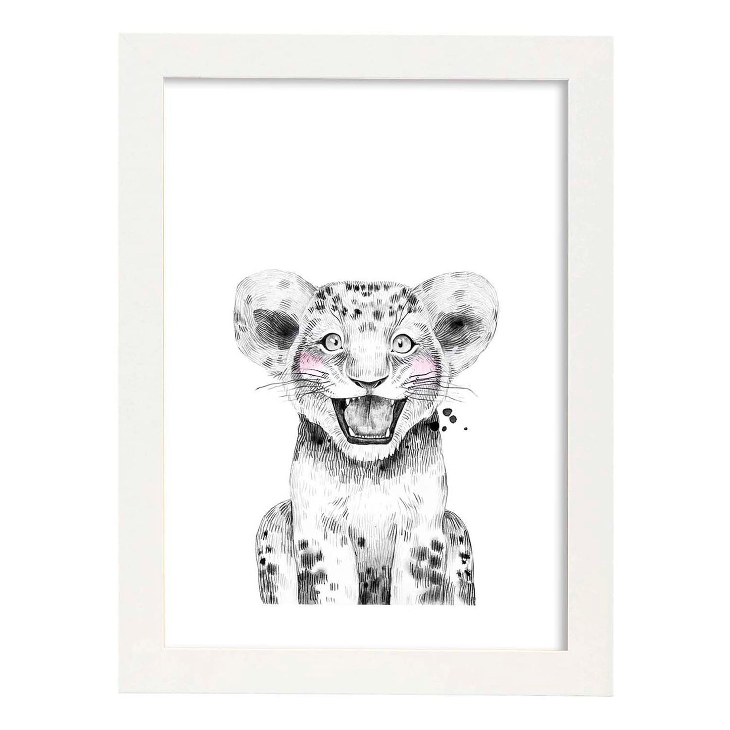 Lámina Leon infantil en blanco y negro Poster animales infantiles-Artwork-Nacnic-A3-Marco Blanco-Nacnic Estudio SL