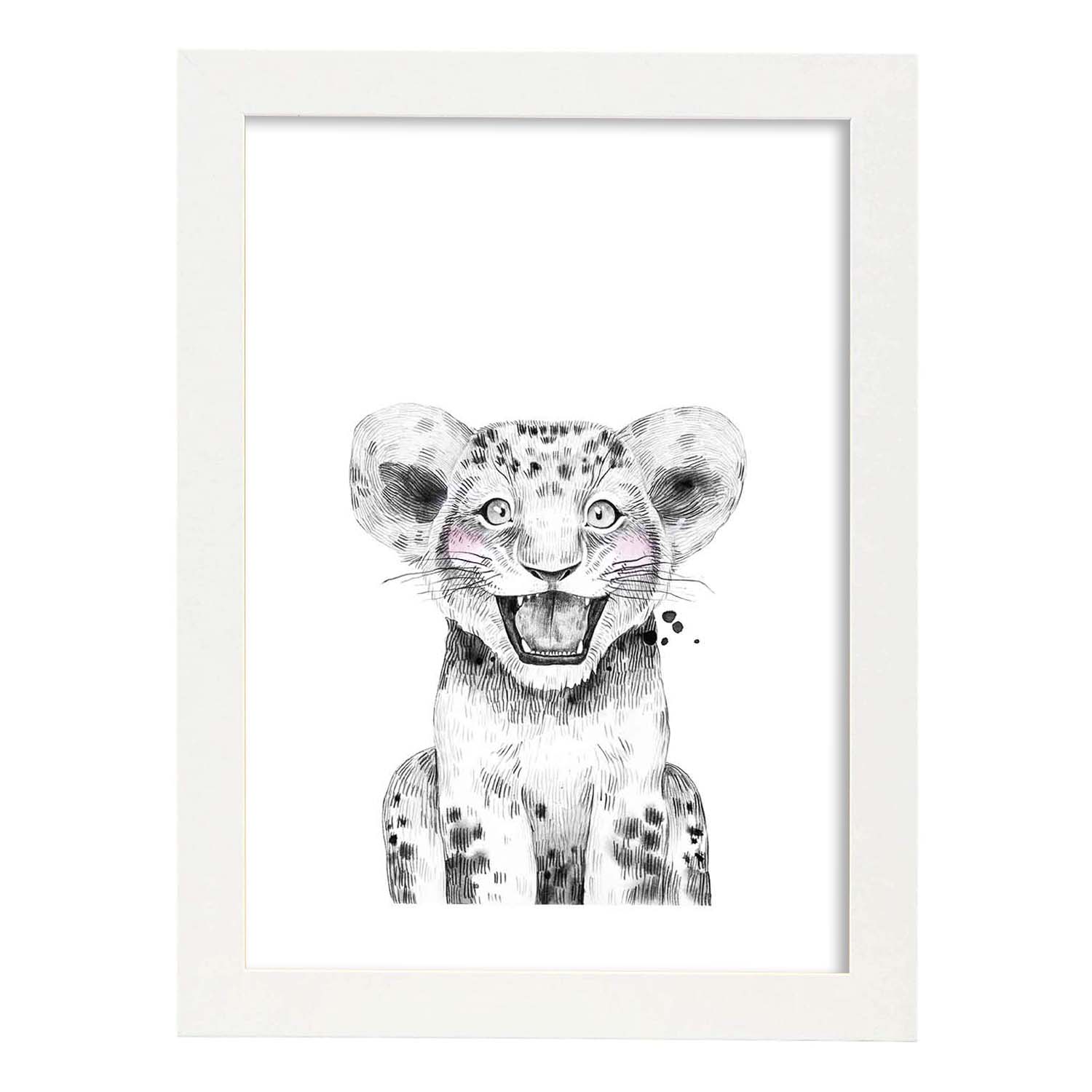 Lámina Leon infantil en blanco y negro Poster animales infantiles-Artwork-Nacnic-A3-Marco Blanco-Nacnic Estudio SL
