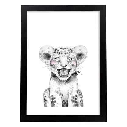 Lámina Leon infantil en blanco y negro Poster animales infantiles-Artwork-Nacnic-A4-Marco Negro-Nacnic Estudio SL