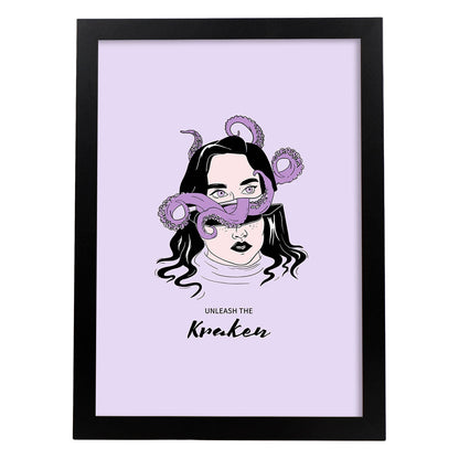 Lámina Libera al Kraken. Pósters con ilustraciones artísticas de cabezas de mujer.-Artwork-Nacnic-A4-Marco Negro-Nacnic Estudio SL
