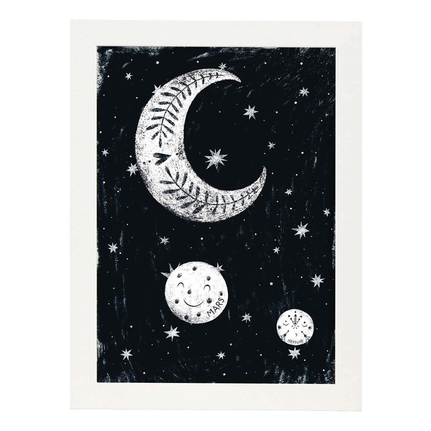 Lámina Luna y planetas Estilo nordico blanco y negro. Composiciones planetarias infantiles.-Artwork-Nacnic-A3-Marco Blanco-Nacnic Estudio SL