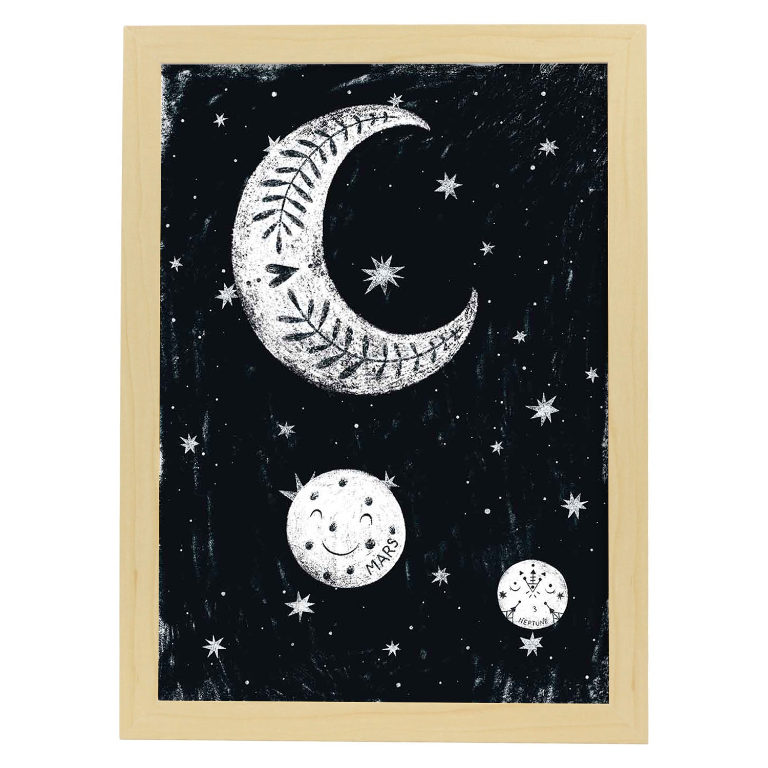 Lámina Luna y planetas Estilo nordico blanco y negro. Composiciones planetarias infantiles.-Artwork-Nacnic-A3-Marco Madera clara-Nacnic Estudio SL