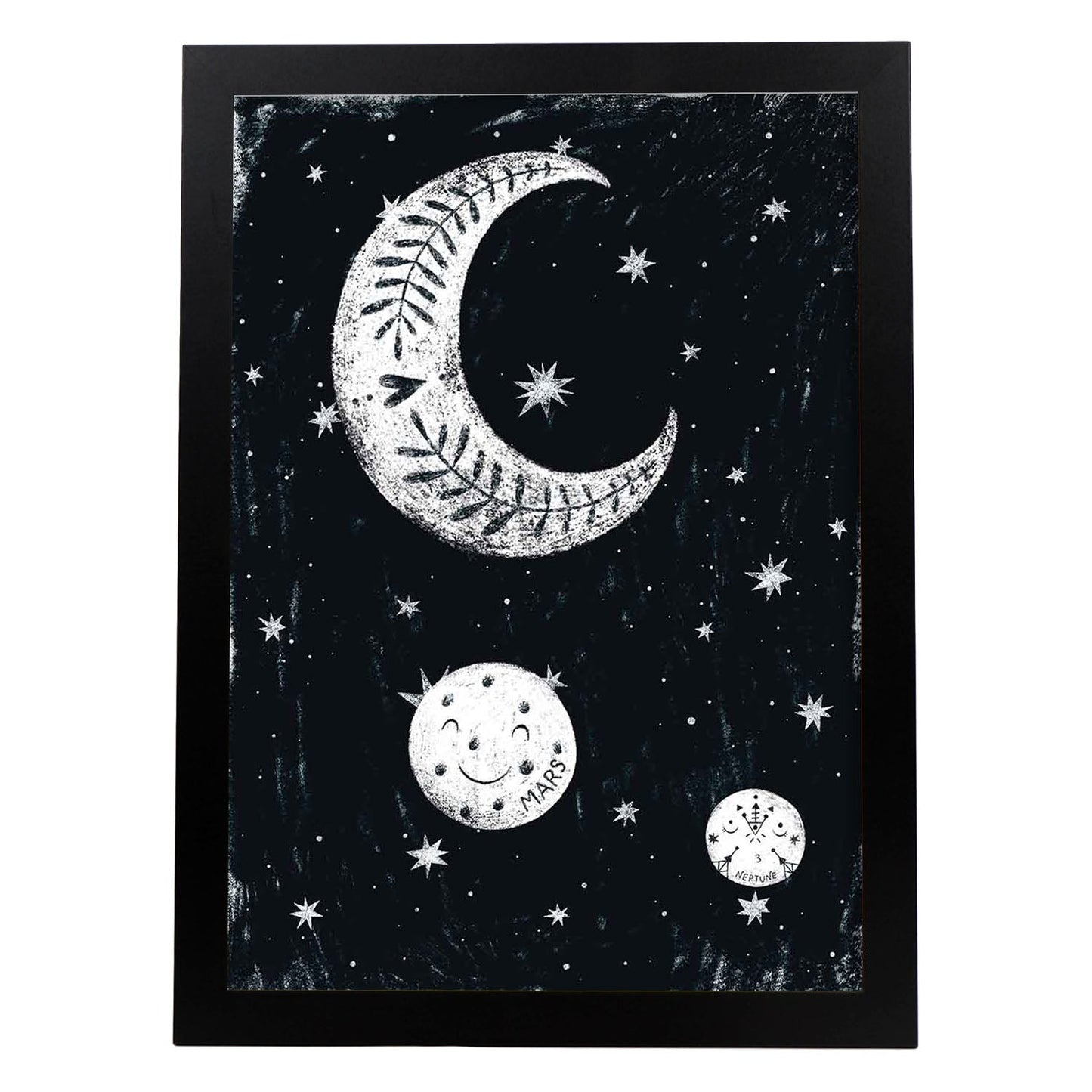 Lámina Luna y planetas Estilo nordico blanco y negro. Composiciones planetarias infantiles.-Artwork-Nacnic-A3-Marco Negro-Nacnic Estudio SL
