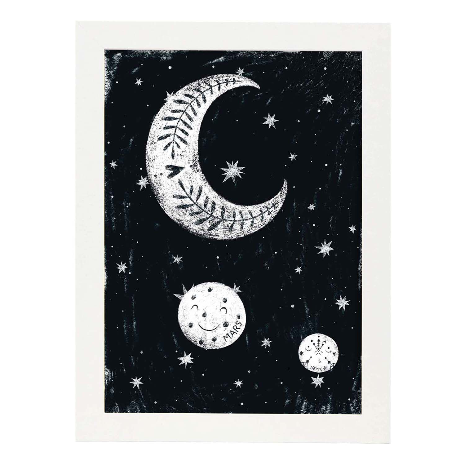 Lámina Luna y planetas Estilo nordico blanco y negro. Composiciones planetarias infantiles.-Artwork-Nacnic-A4-Marco Blanco-Nacnic Estudio SL