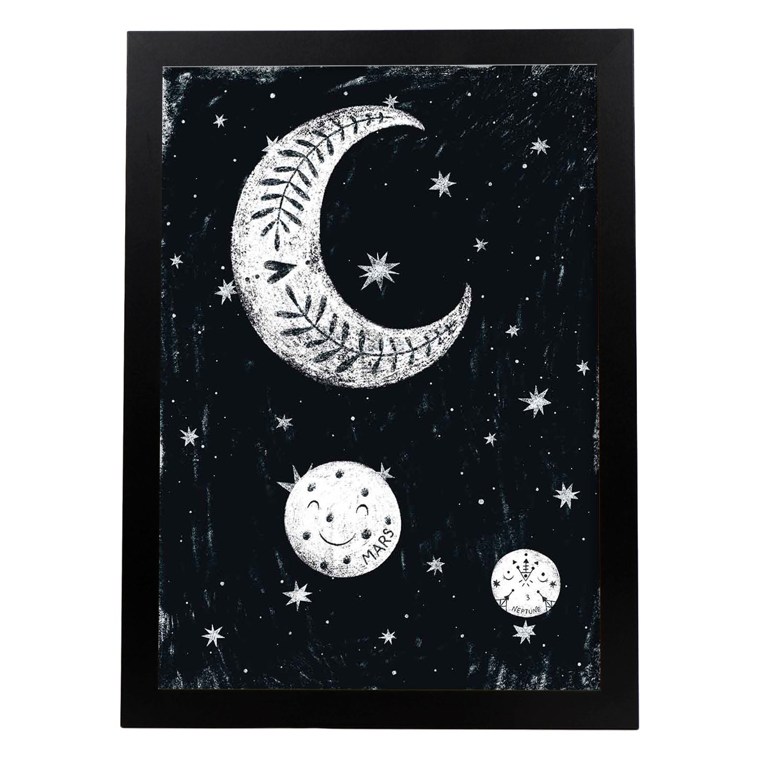 Lámina Luna y planetas Estilo nordico blanco y negro. Composiciones planetarias infantiles.-Artwork-Nacnic-A4-Marco Negro-Nacnic Estudio SL